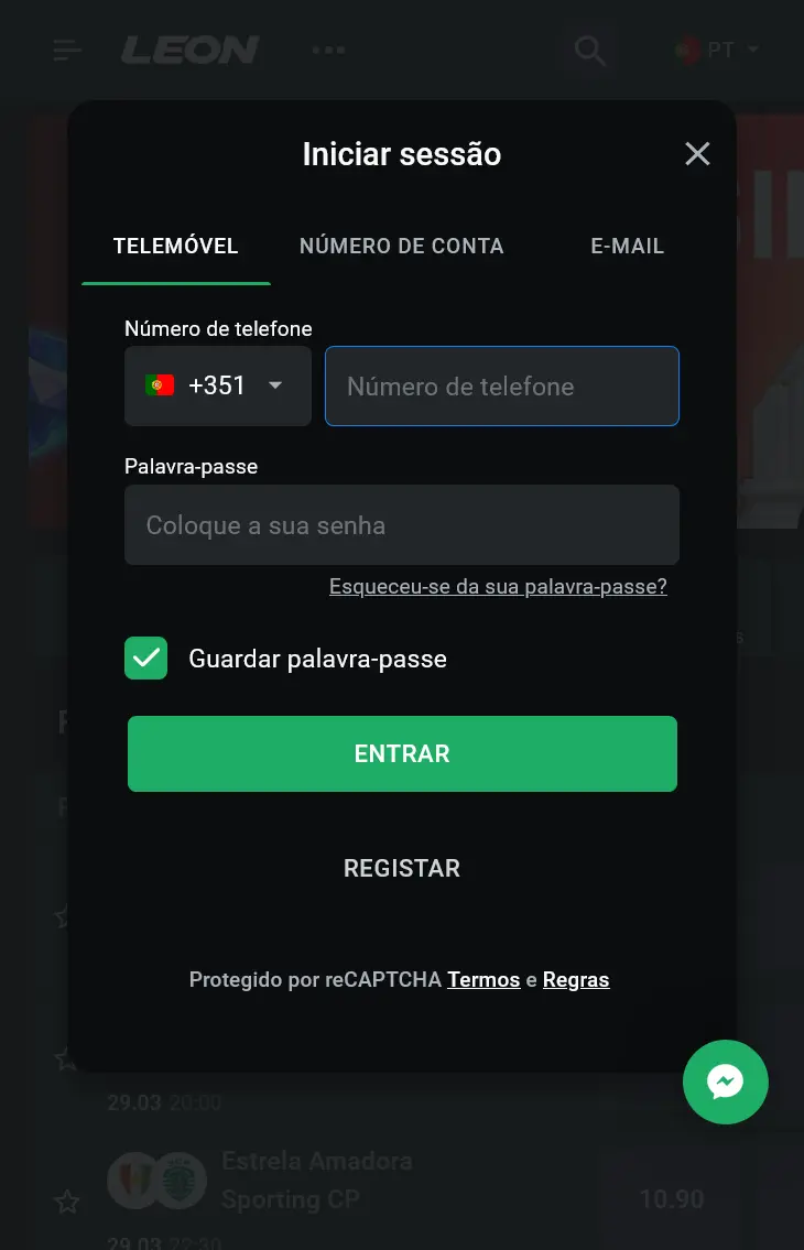 Tela de login do Leon Casino